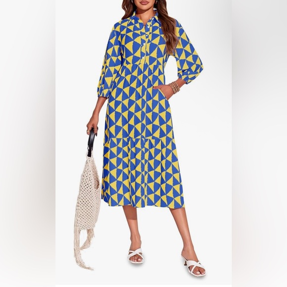 Geometric Blue and Yellow Dress - Picture 1 of 3